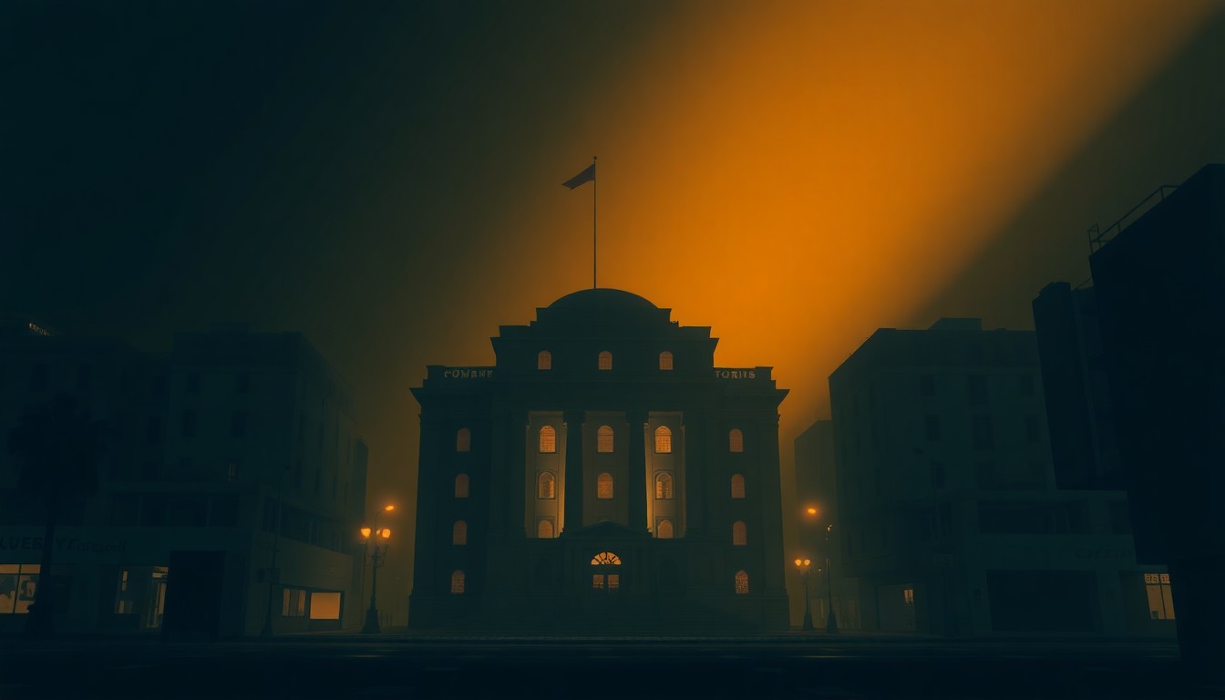 A moody, cinematic painting of a government building in a Middle Eastern city, with warm diagonal sunlight and deep shadows, capturing the tense but hopeful mood of the diplomatic negotiations.