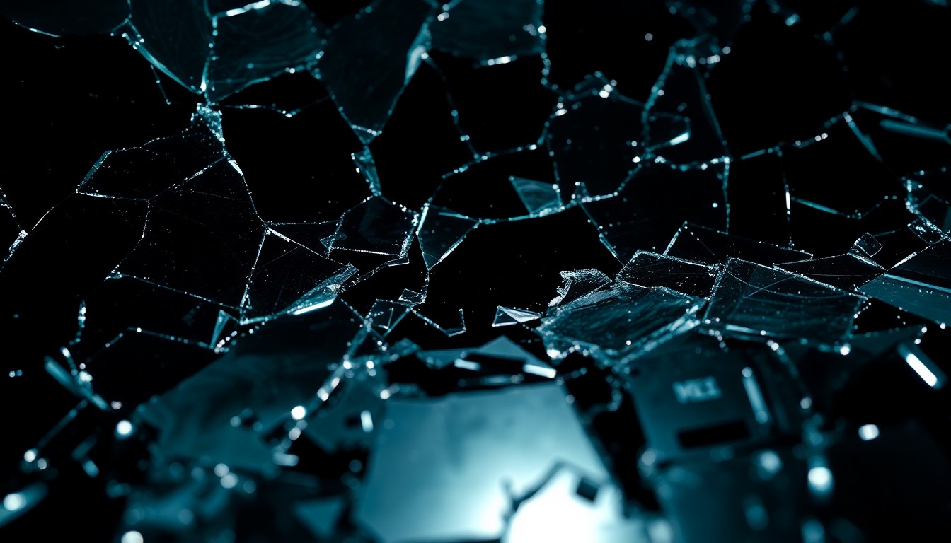 An extreme close-up of shattered glass and reflective metal surfaces, creating an abstract, high-contrast texture that evokes the moody, investigative tone of the 'X-Files' franchise.
