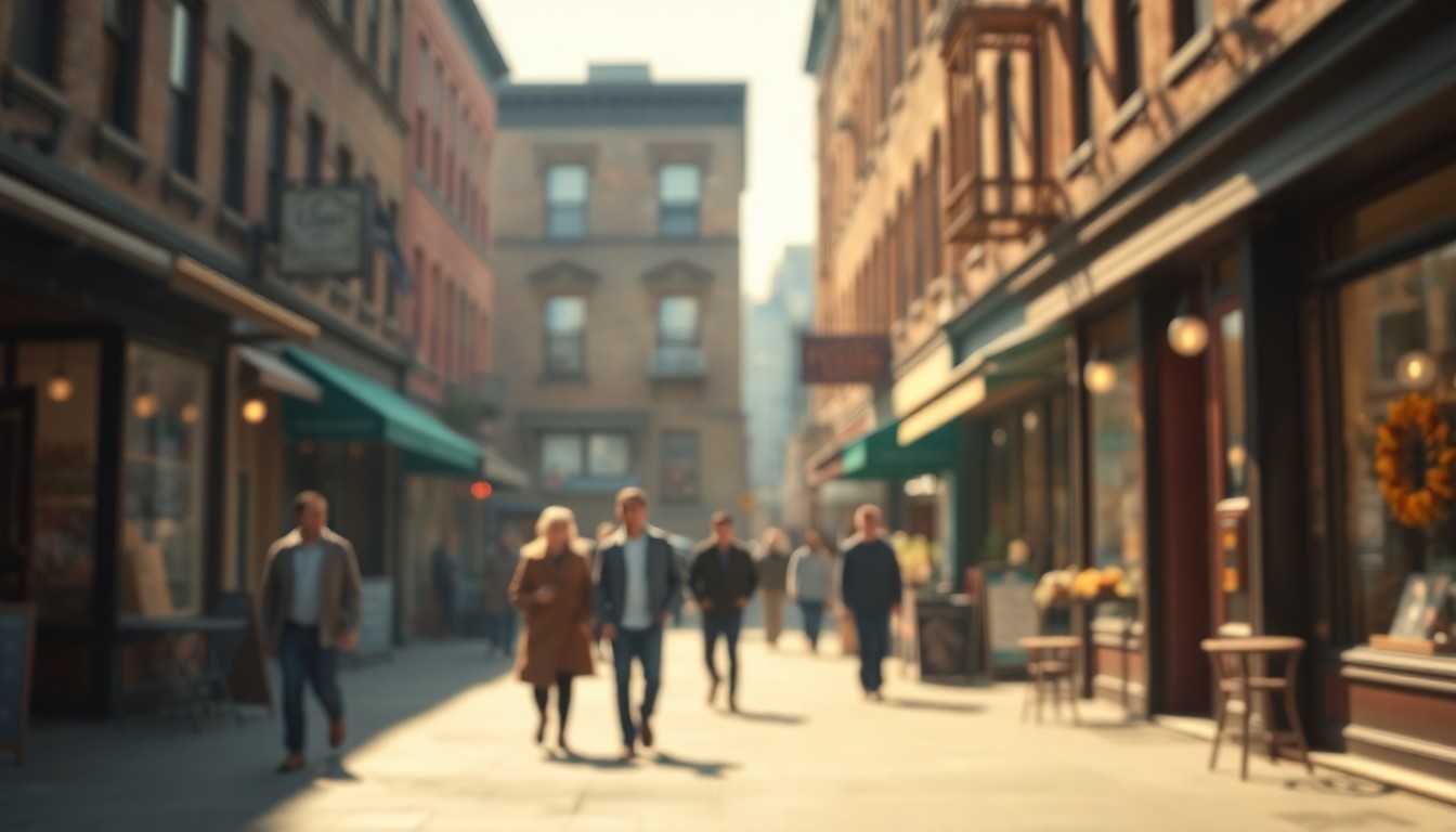 An abstracted, out-of-focus street scene in Brooklyn, with blurred figures and storefronts visible through a hazy, warm filter, conveying the intimate, neighborhood feel of the borough that author Emma Straub describes.