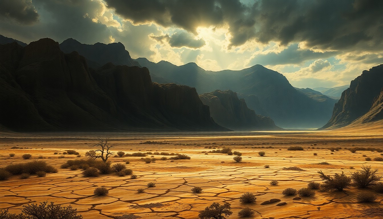 A sweeping, atmospheric landscape painting in muted earth tones, with a vast, cracked and parched ground stretching out to the horizon under a hazy, sun-drenched sky, conveying the overwhelming scale and severity of a drought.