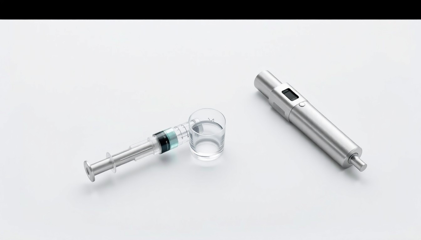 A photorealistic studio still life featuring a polished metal syringe, a glass vial, and a sleek medical device, conceptually representing the advanced cell therapy technology at the center of this business merger.