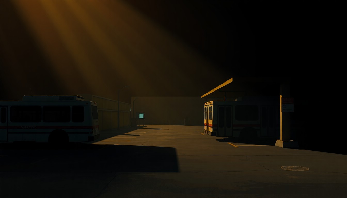 A serene, realistic painting of an empty bus depot or maintenance yard with a single city bus parked under the warm glow of the afternoon sun, conveying a sense of quiet contemplation about the role of public transportation infrastructure in an urban setting.