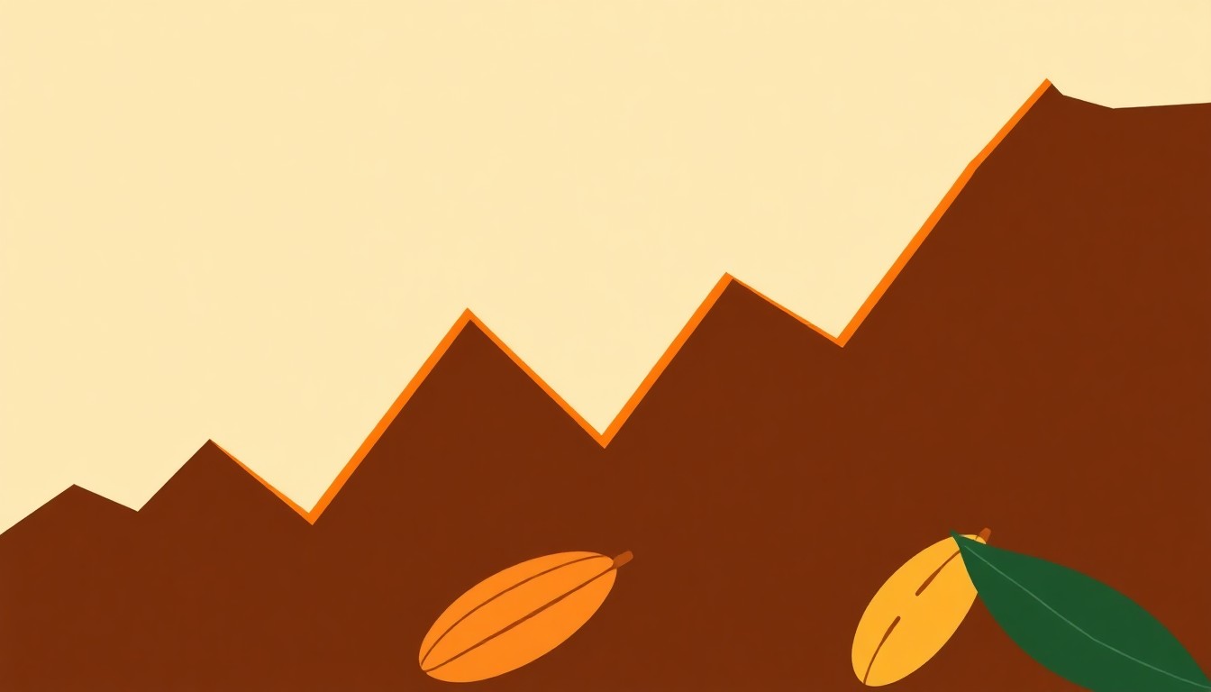 An abstract illustration featuring overlapping triangles and rectangles in shades of brown, yellow, and blue, conceptually representing the volatility and interconnected forces driving the cocoa commodity market.