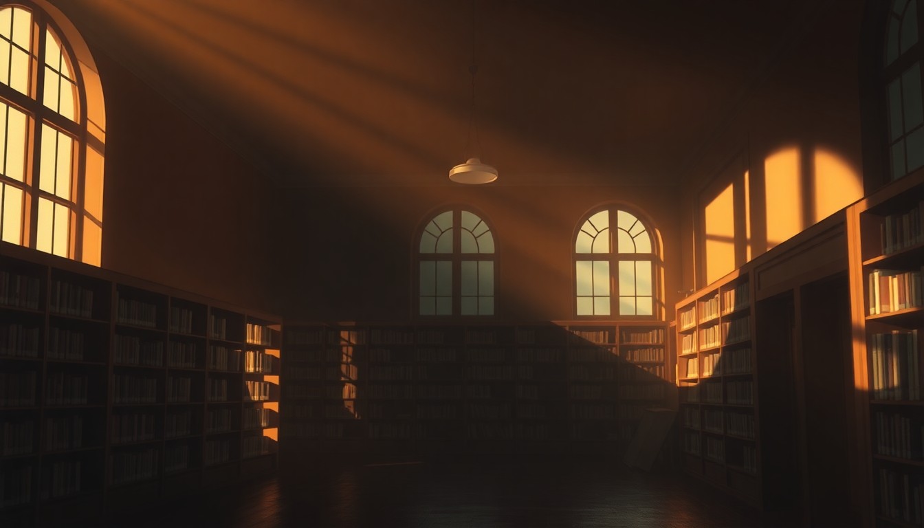 A serene, cinematic painting of an empty library interior, with warm sunlight streaming through the windows and deep shadows cast across the bookshelves and reading tables, conveying a sense of quiet contemplation and uncertainty about the library's future.