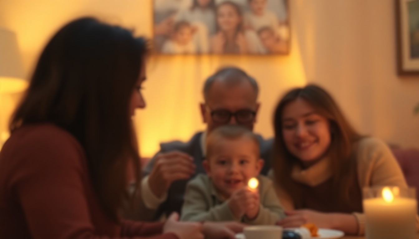 An abstract, impressionistic photograph in soft, warm tones depicting the blurred silhouettes of people gathered together, their faces and details obscured in a dreamlike haze, conveying a sense of intimacy and the embrace of an uncertain but hopeful future.