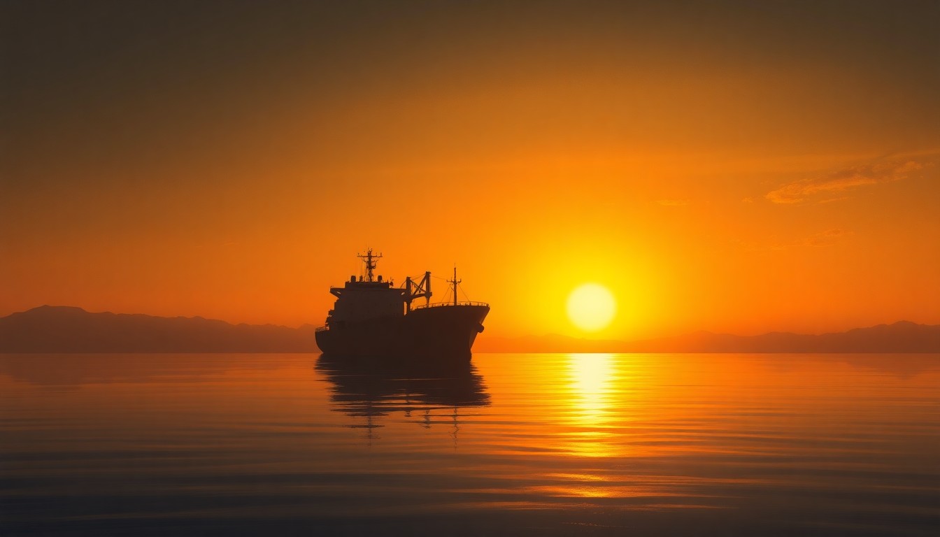 A cinematic painting of a solitary oil tanker ship silhouetted against a warm, golden sunset sky, with deep shadows cast across the empty, minimalist seascape, conceptually illustrating the geopolitical tensions in the Strait of Hormuz.