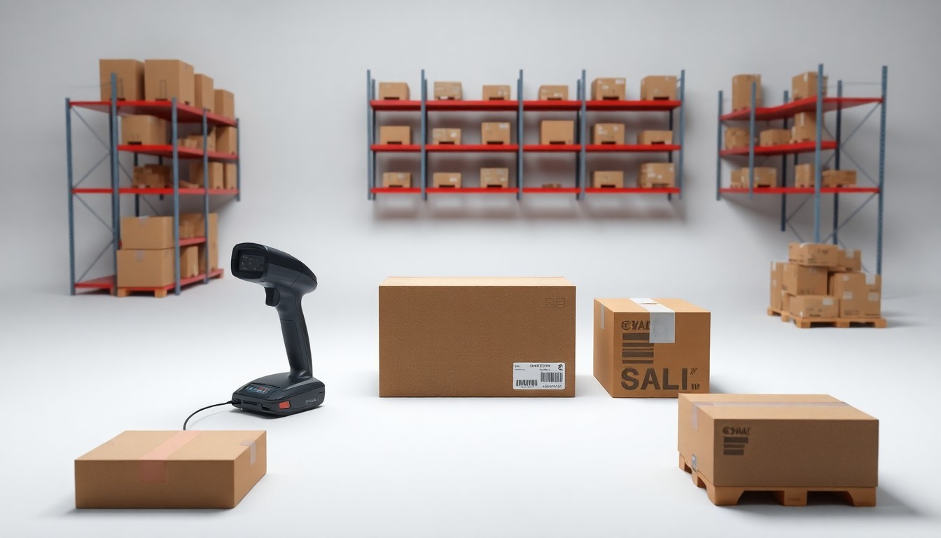 A high-end, photorealistic studio still-life photograph featuring a neatly arranged composition of premium, polished objects representing the logistics, supply chain, and fulfillment processes of e-commerce operations, conveying a sense of order, precision, and professionalism in the industry.