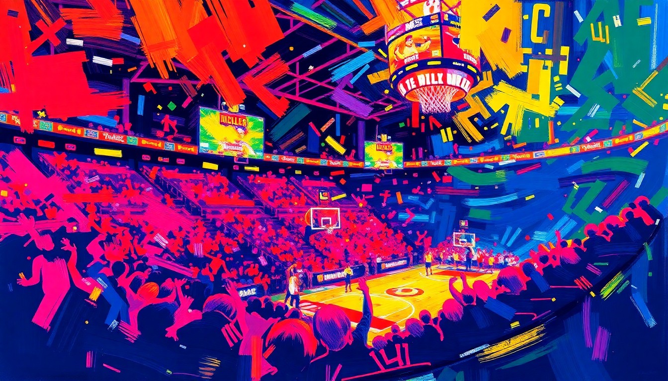 An abstract painting featuring bold, neon-colored brushstrokes that convey the raw excitement and intensity of Cleveland sports.