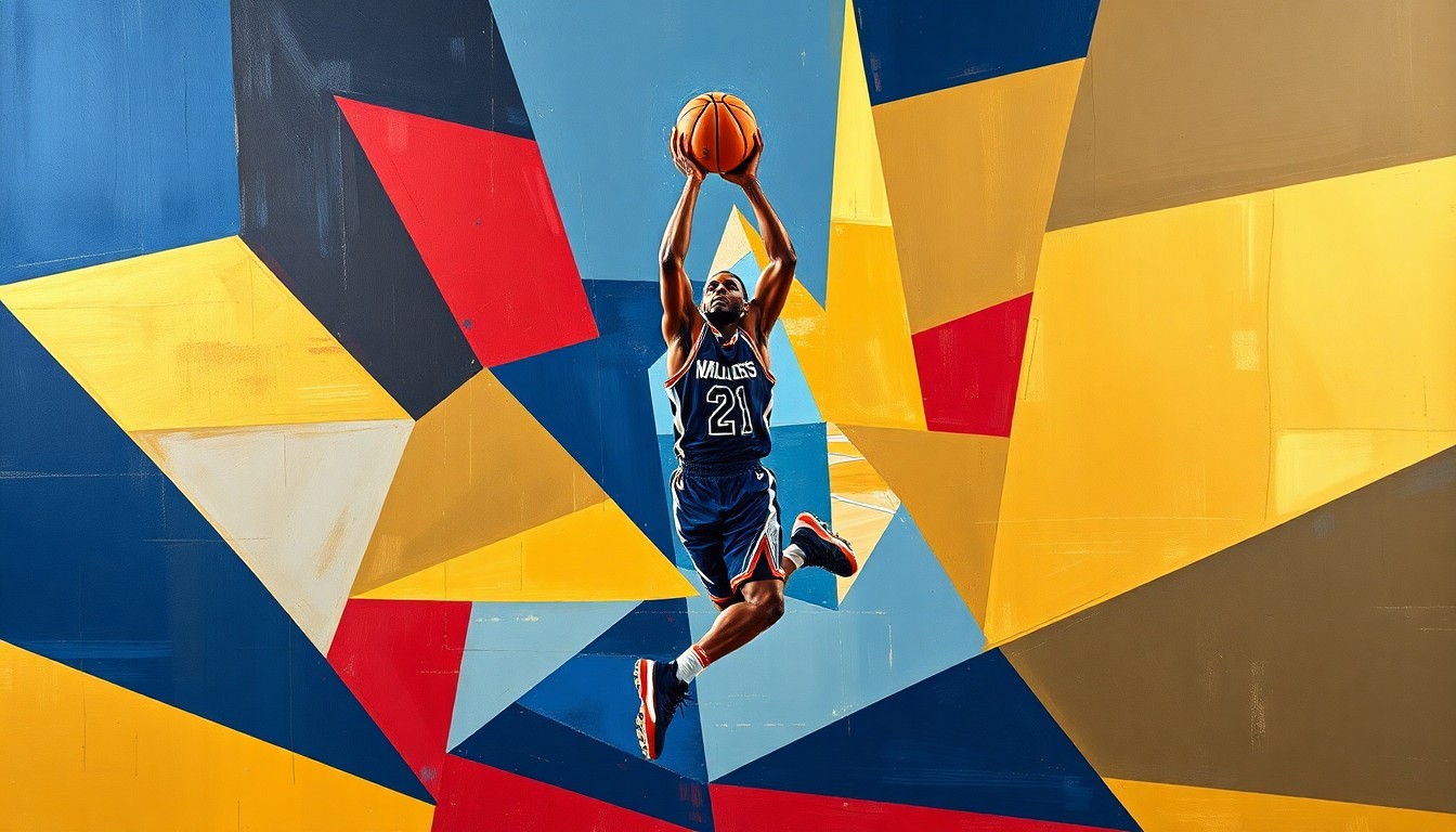 A fragmented, cubist-style painting depicting a basketball player in motion, with sharp geometric shapes and planes in navy, gold, and crimson red tones, conveying the energy and dynamism of the sport.