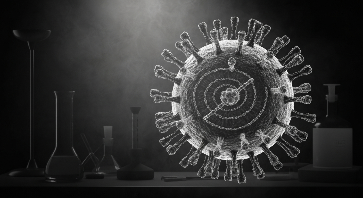 A highly detailed, translucent X-ray image showing the intricate molecular structure of a hepatitis B virus particle, with its various components visible as glowing lines and shapes against a dark background.
