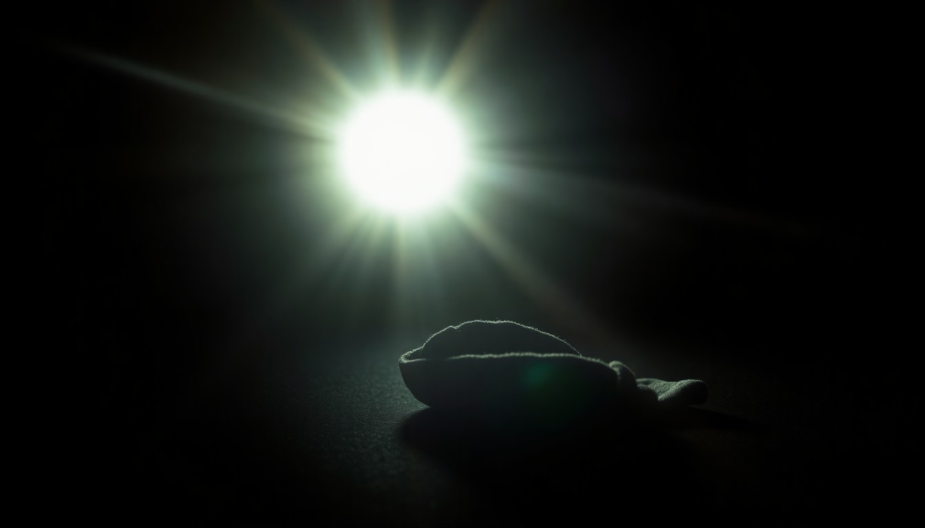 An extreme close-up photograph of a discarded personal item, such as a wallet or keys, lit by a harsh, direct camera flash against a pitch-black background, conceptually representing the tragic discovery of a missing person's remains in the Inner Harbor.