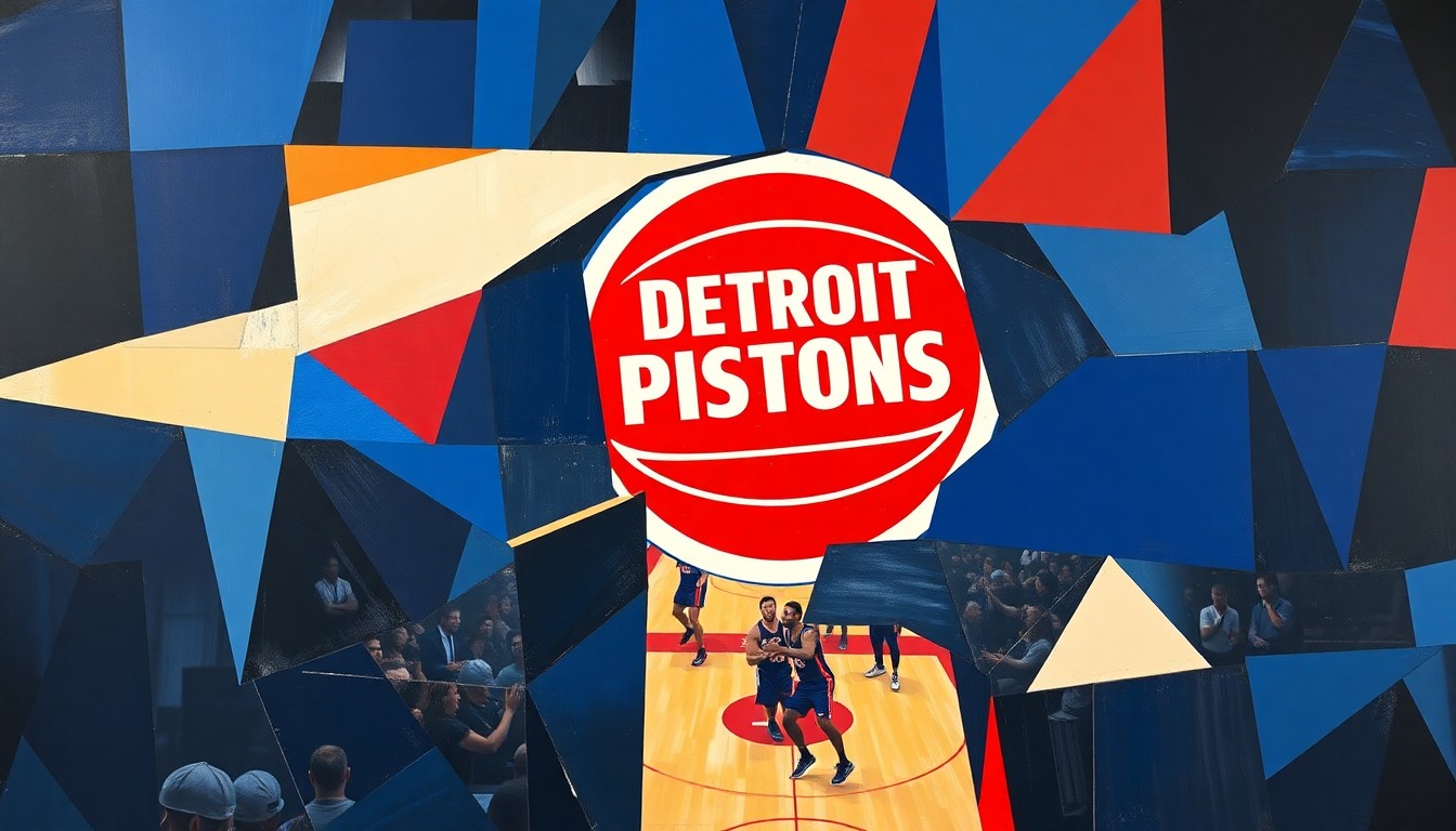 A cubist, geometric painting in the Pistons' team colors, depicting the energy and excitement of a basketball playoff game or celebration.