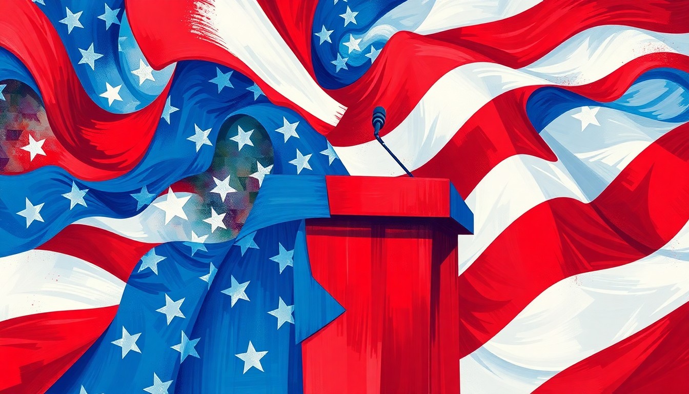 A dynamic, abstract painting featuring overlapping, geometric shapes and waves of red, white, and blue, conceptually representing the turbulent political landscape surrounding a congressional campaign.