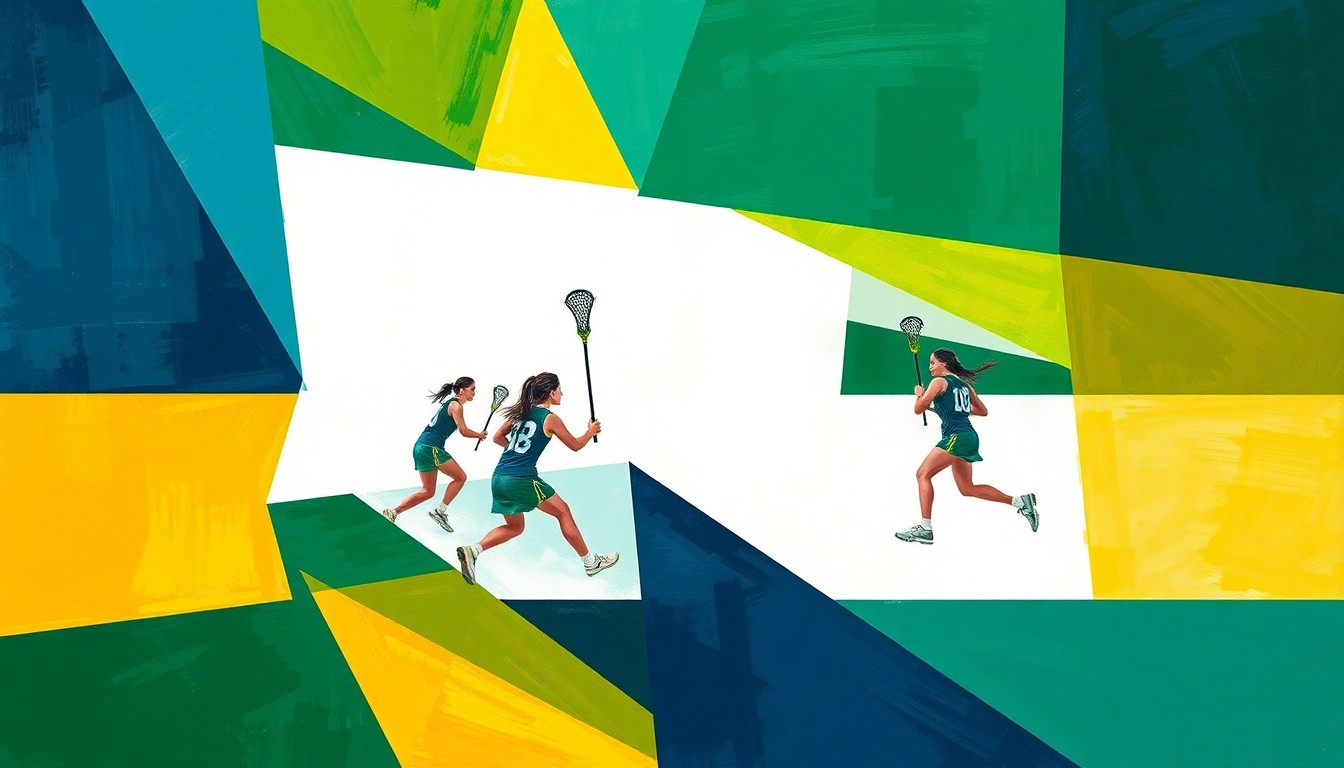 A fractured, cubist-style painting depicting a girls' lacrosse game, with players and the field broken down into sharp, overlapping geometric shapes in a vibrant color palette, capturing the energy and movement of the sport.