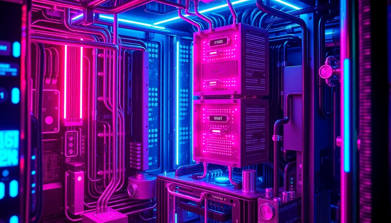 A highly detailed, glowing 3D illustration of a complex quantum computing hardware system, with intricate circuits, tubes, and modules illuminated by neon cyan and magenta lights, conceptually representing the advanced technology powering autonomous quantum lab breakthroughs.