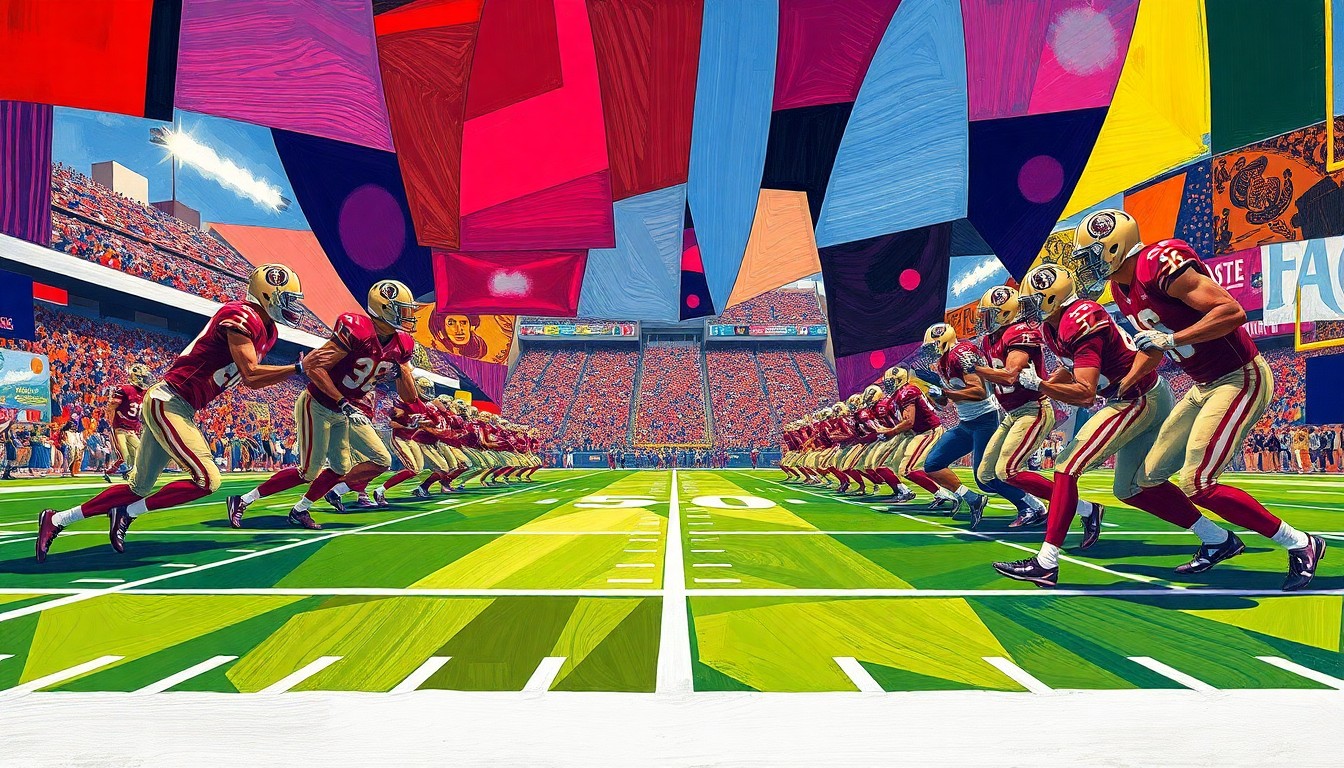 A fragmented, cubist-style painting depicting a college football game, with the players and field broken down into sharp, geometric shapes in the colors of the Florida State Seminoles' uniforms.