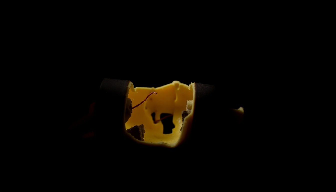 An extreme close-up photograph of a broken toy car against a pitch-black background, its details and textures dramatically illuminated by a harsh camera flash, conceptually representing the aftermath of child abandonment.