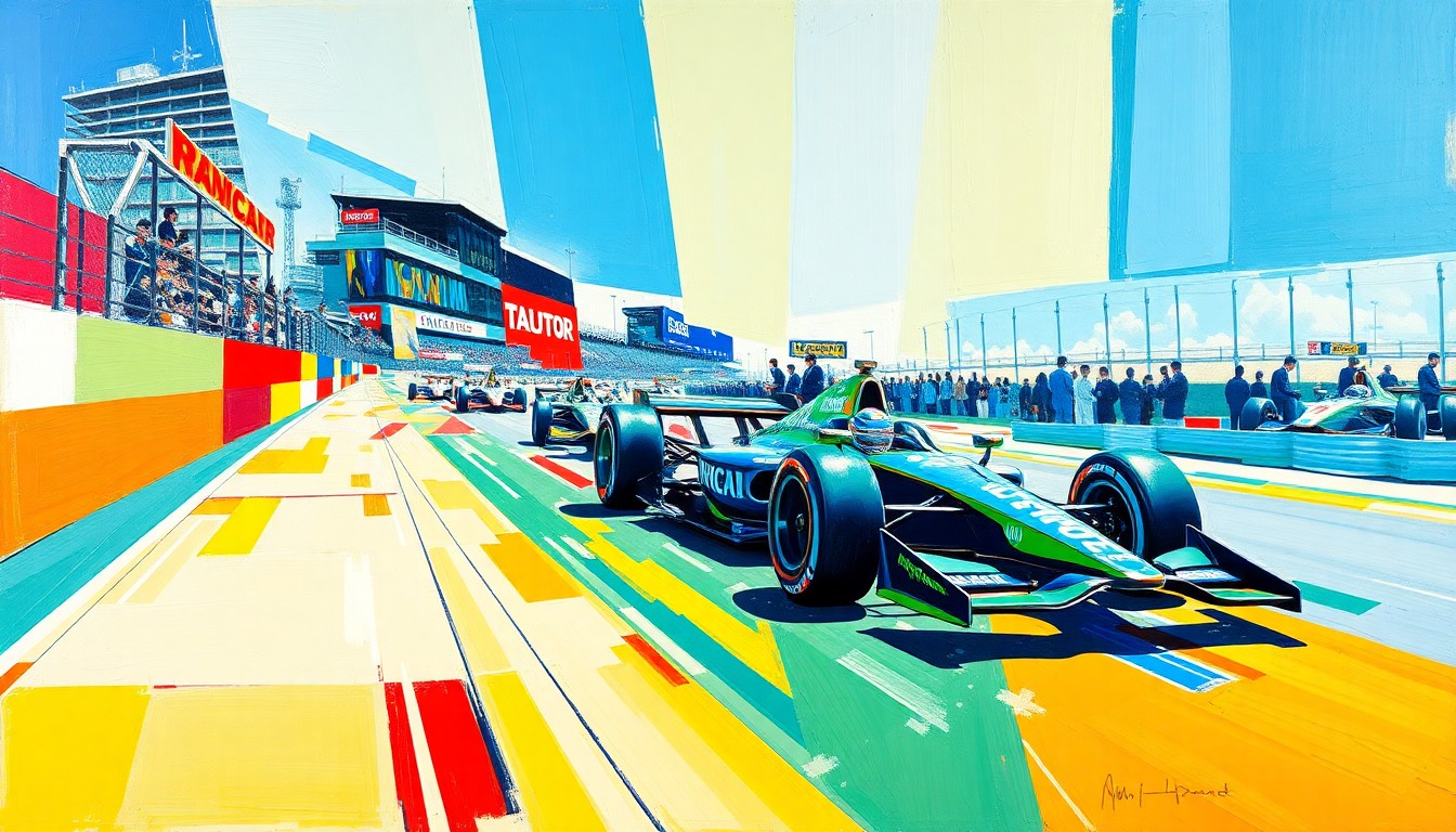 A cubist, geometric painting depicting an INDYCAR race at the Long Beach Grand Prix, with sharp, overlapping planes of color representing the high-speed action on the street circuit.