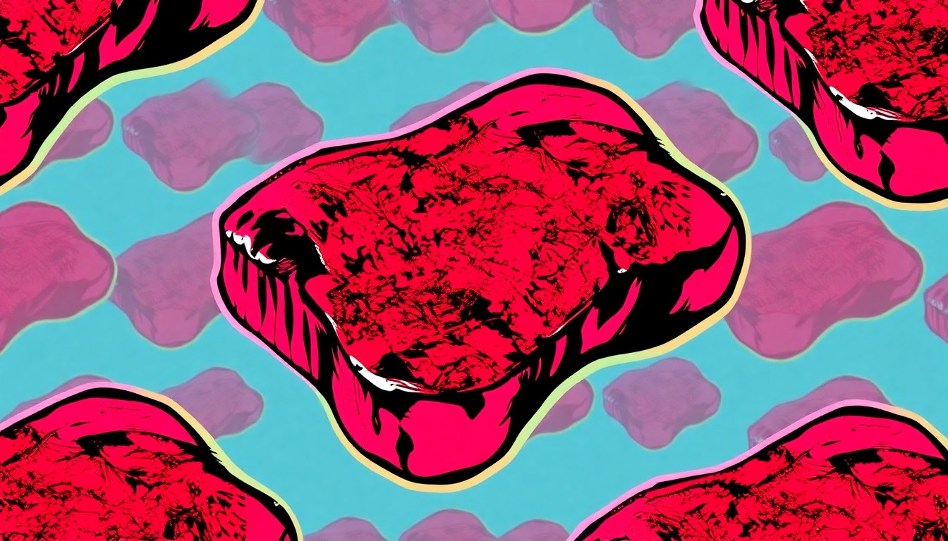 A bold, colorful silkscreen-style illustration featuring a repeating pattern of a juicy steak, capturing the iconic menu item and vibrant atmosphere of the revived Dirty Dan Harris Steakhouse.