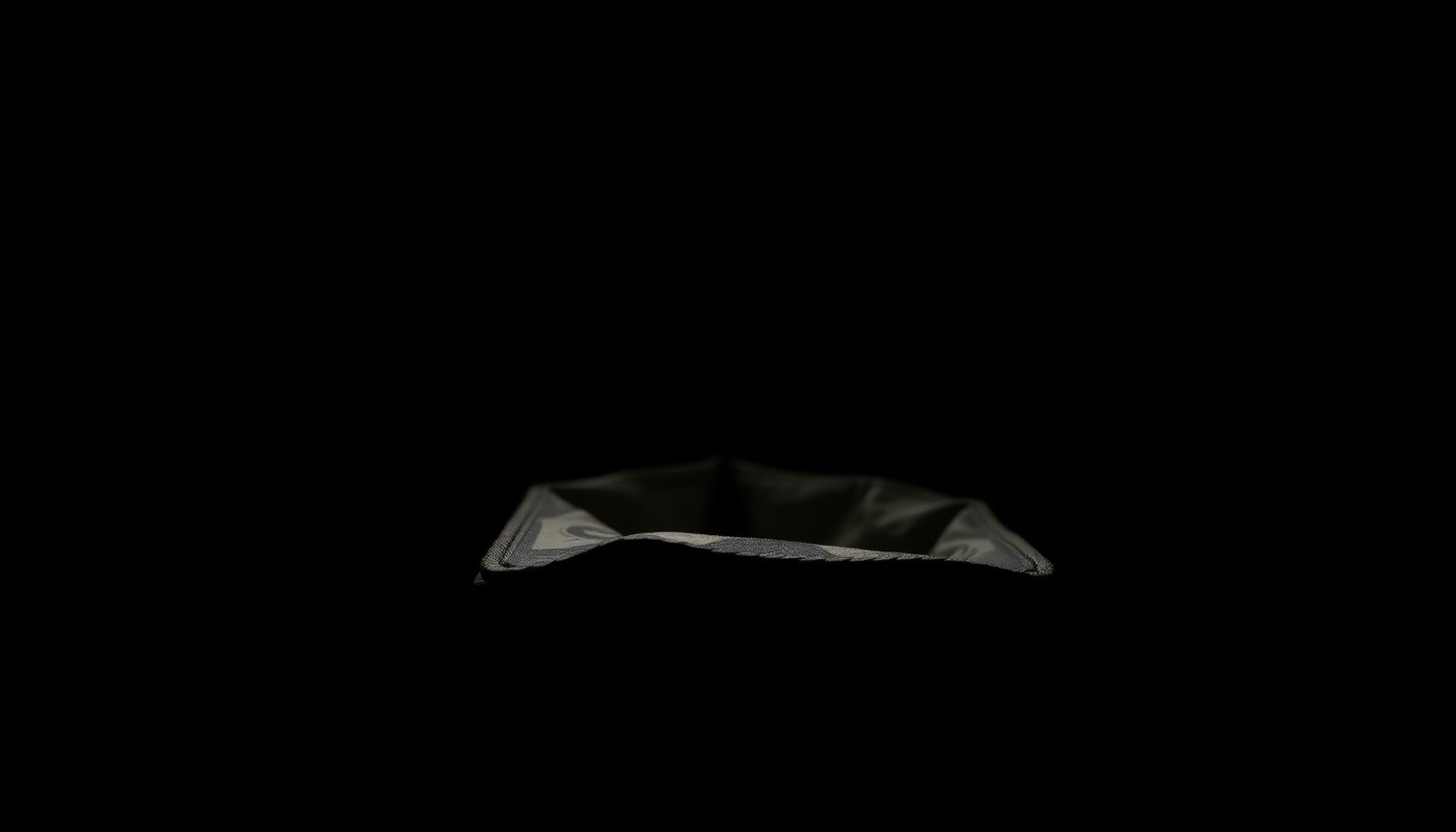 An extreme close-up of a crumpled, empty wallet reflecting the harsh light of a camera flash, conceptually representing the financial loss and betrayal experienced by the delivery workers scammed in this case.