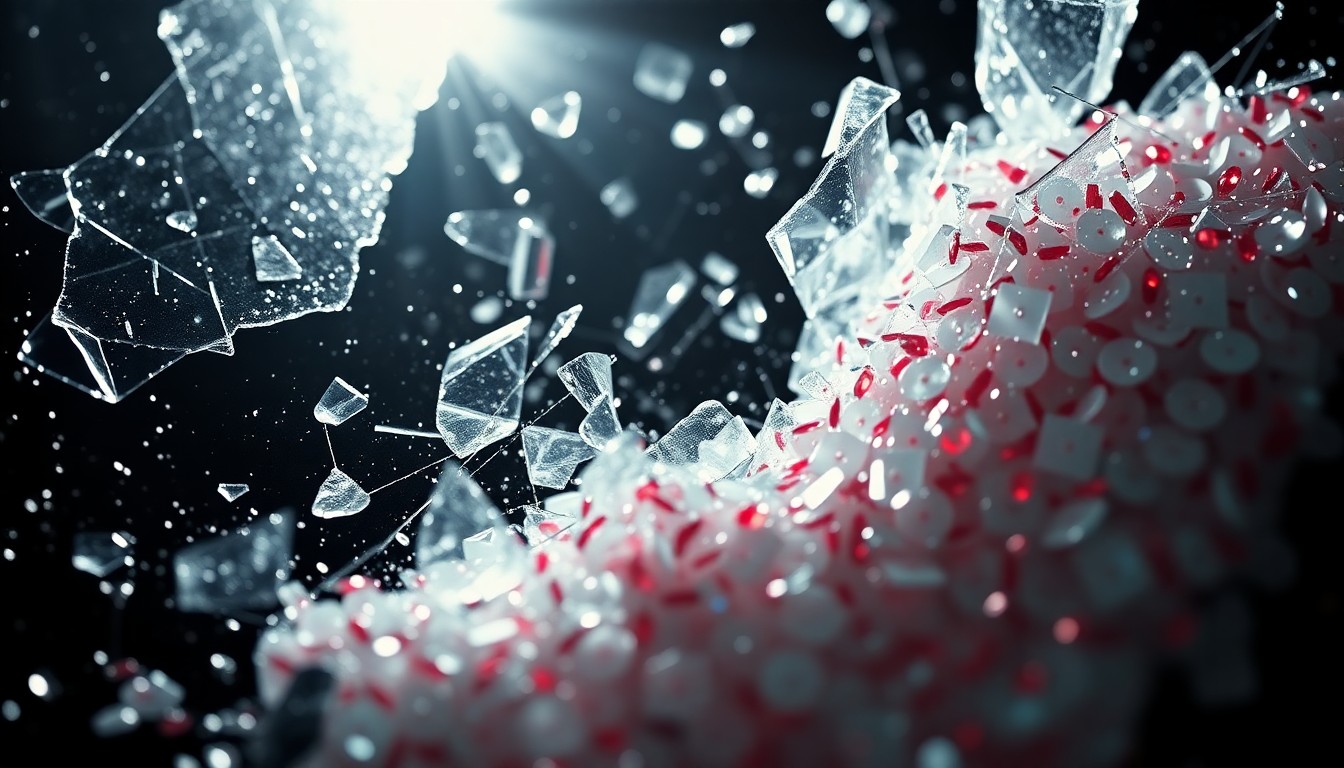 An extreme macro photograph of shattered glass and sparkling sequins in dramatic high-contrast lighting, conveying the conceptual glamour and celebrity surrounding the interactions between the Queen and U.S. first families.