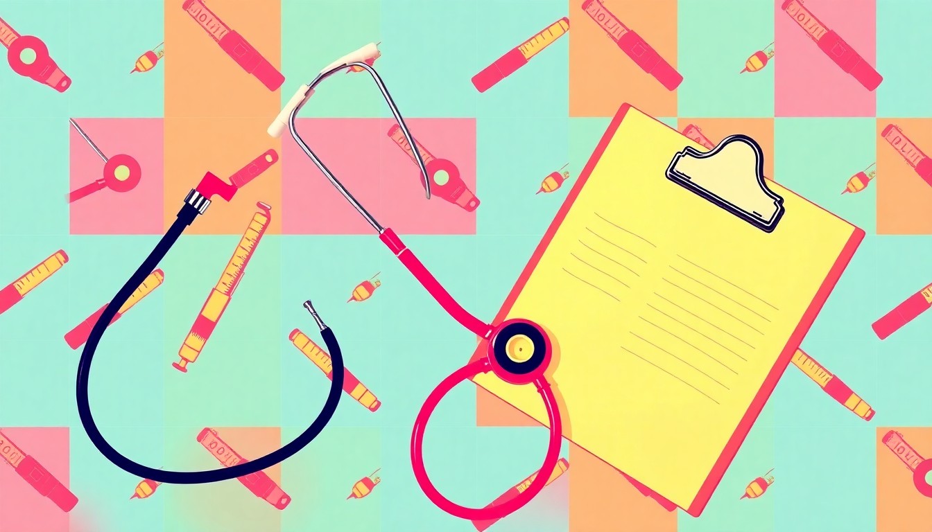 A brightly colored, high-contrast silkscreen-style illustration featuring a repeating grid of medical equipment like stethoscopes, syringes, and clipboards, conceptually representing the growth of health care education and career opportunities in Central Georgia.