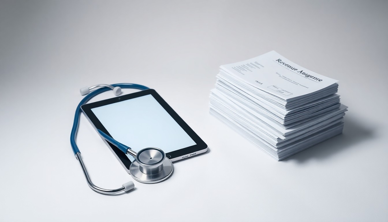 A minimalist studio still life photograph featuring a polished metal stethoscope, a tablet device, and a stack of medical forms arranged elegantly on a clean, white background, representing the abstract concepts of healthcare revenue cycle management and administrative efficiency.