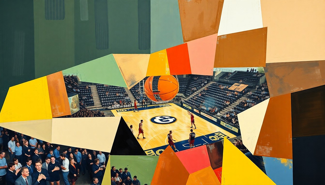 A cubist, geometric painting depicting a fragmented college basketball game, with sharp, overlapping planes of color and form representing the strategic shifts in UNC's program under new coach Michael Malone.