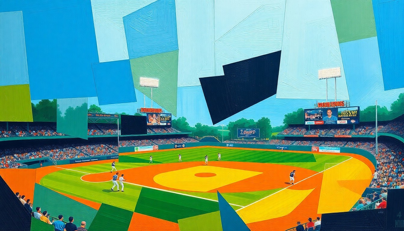 A cubist, geometric painting depicting a college baseball game, with sharp, overlapping planes of navy blue, forest green, and burnt orange, capturing the dynamic energy and action of the sport.