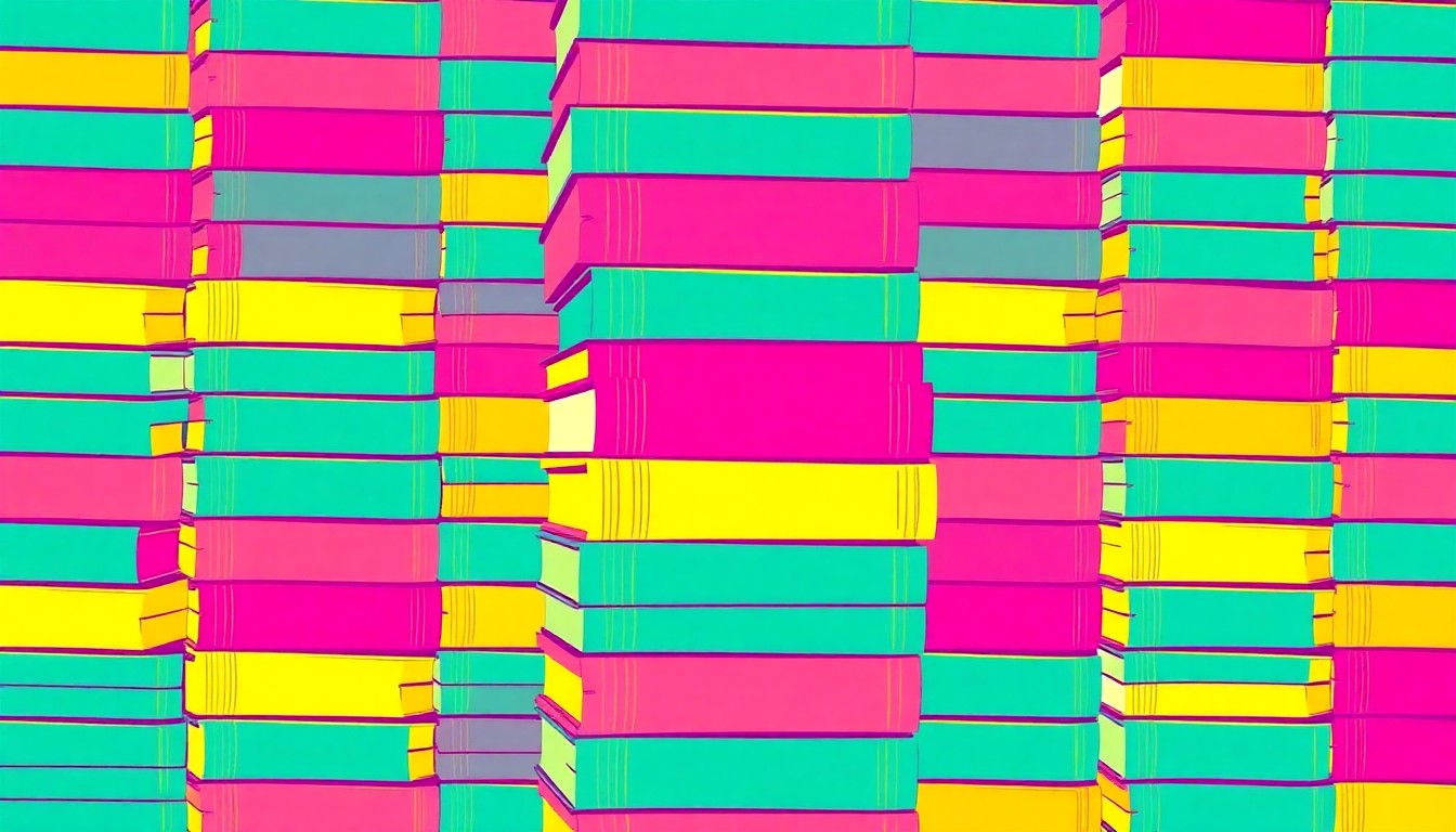 A brightly colored, high-contrast silkscreen print of a stack of hardcover books in vibrant shades of teal, magenta, and sunshine yellow, repeated in a tight grid pattern, conceptually representing the amplification of diverse voices through literary arts.