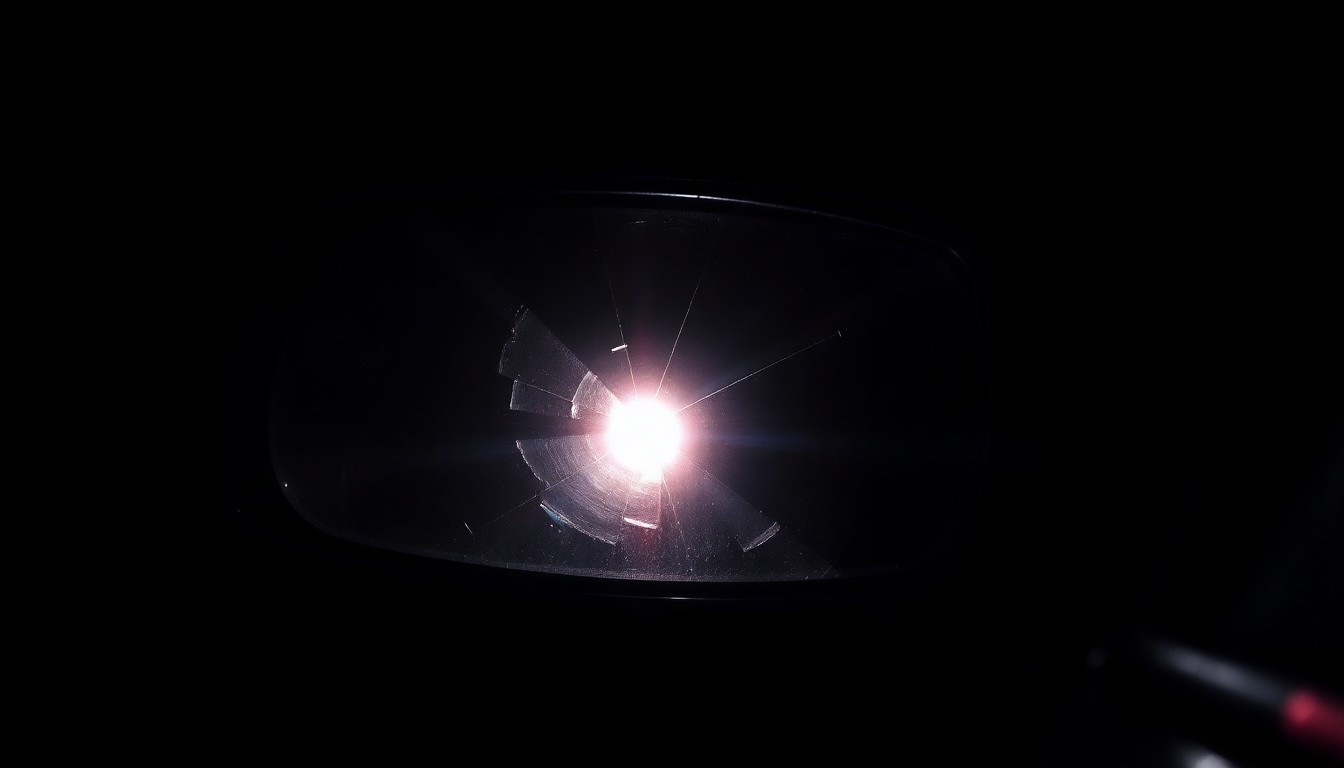 An extreme close-up photograph of a cracked and damaged car side mirror, reflecting a faint red light against a pitch-black background, conceptually illustrating the aftermath of an impaired driving collision.