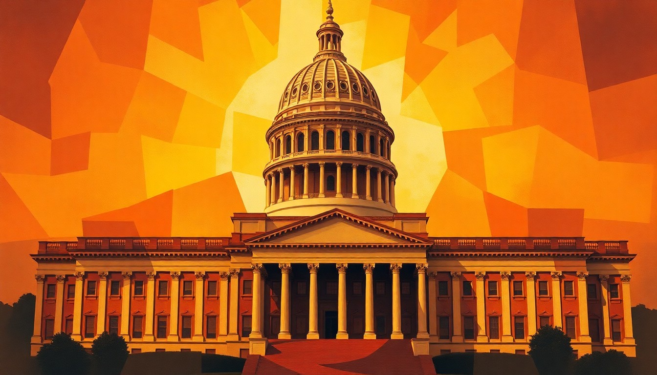 A vibrant, abstract painting depicting the California state capitol building in overlapping, fractured geometric shapes and waves of warm orange, yellow, and red tones, creating a sense of political uncertainty and unrest.