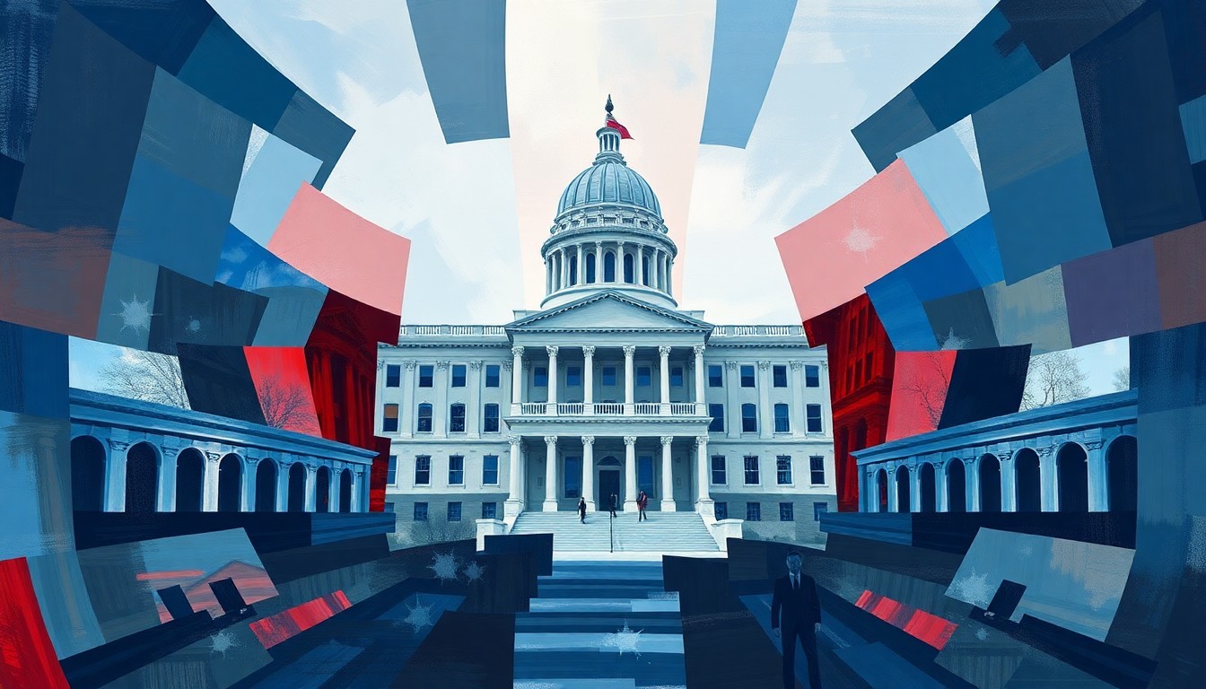 A dynamic, abstract painting featuring a government building or legislative chamber repeated in overlapping, fractured geometric shapes in shades of blue, grey, and red, conveying a sense of political upheaval and transition.