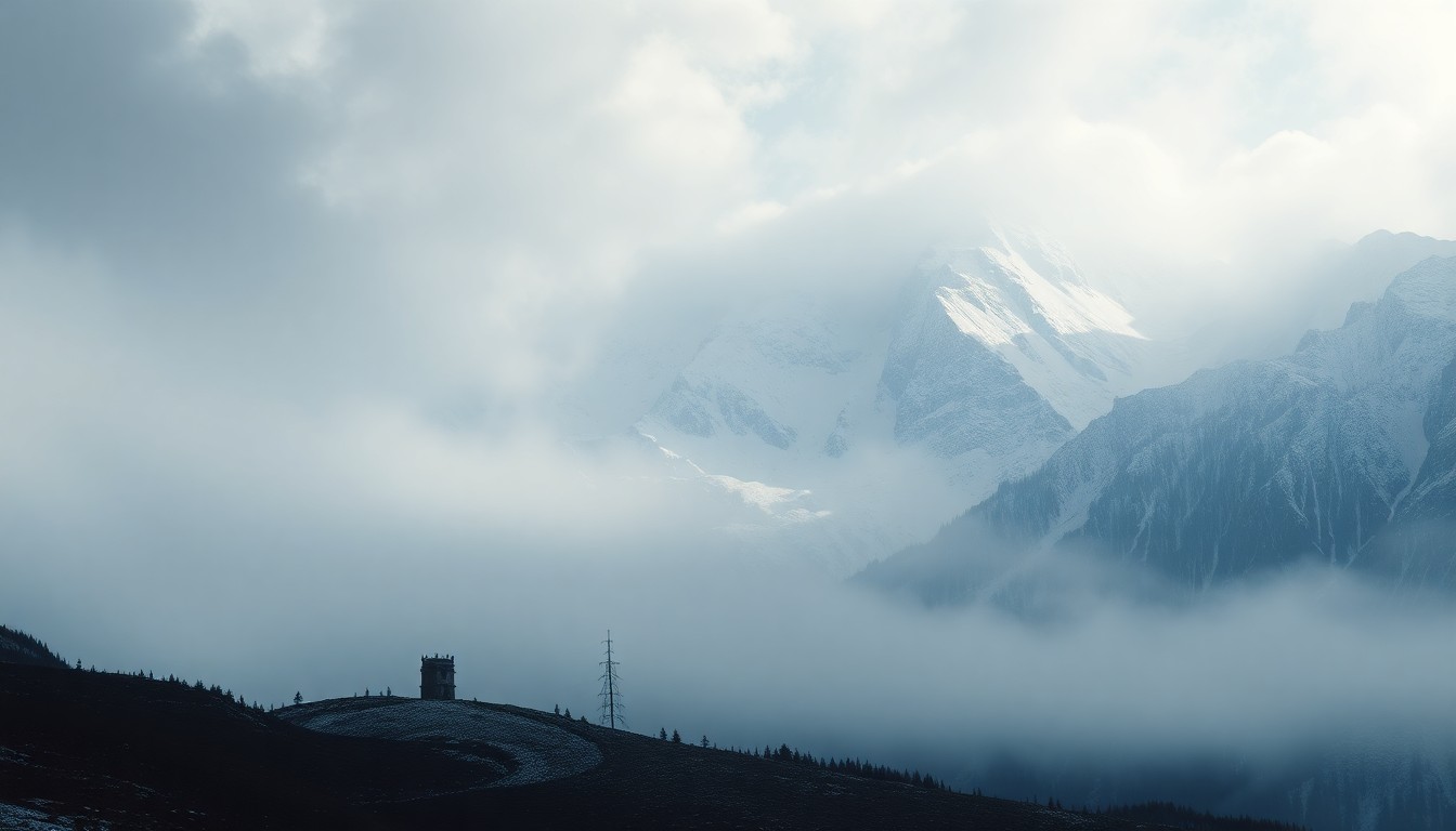 A sweeping, atmospheric landscape painting in muted tones of gray, white, and blue, depicting a snow-covered mountain range partially obscured by heavy fog and dramatic lighting, conveying the overwhelming scale and power of the natural environment.