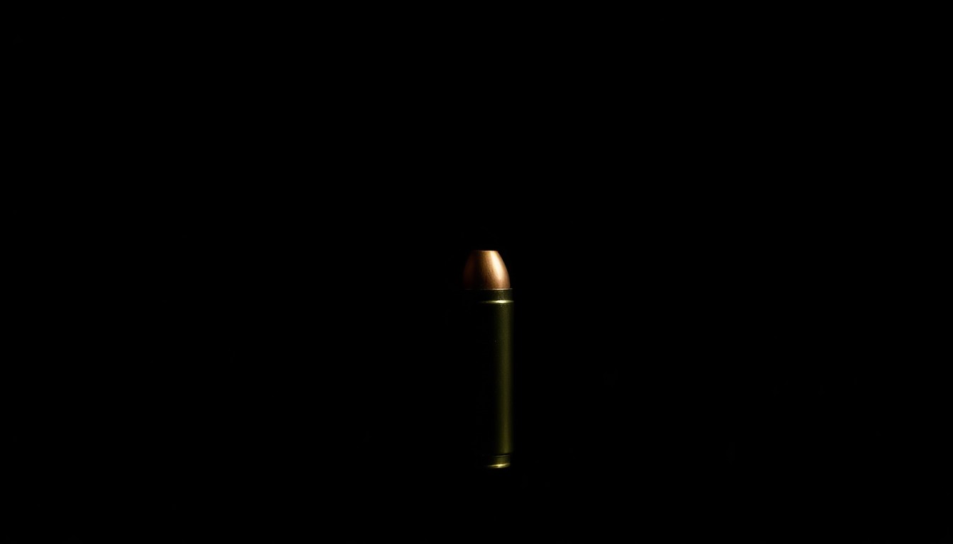 An extreme close-up of a single bullet casing reflecting a harsh, bright light, conveying the stark, investigative nature of this tragic crime story.