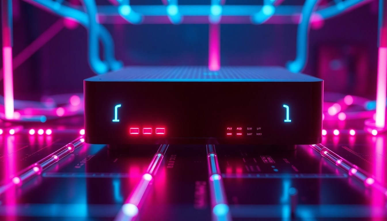 A highly detailed, glowing 3D illustration of a streaming media device with pulsing neon lights, conceptually representing the complex digital infrastructure powering the evolving streaming industry.
