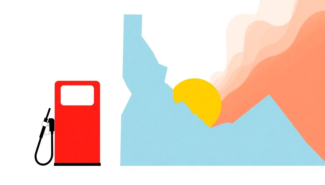 A geometric abstract illustration using bold shapes and primary colors to conceptually represent the rising cost of gasoline in Idaho.