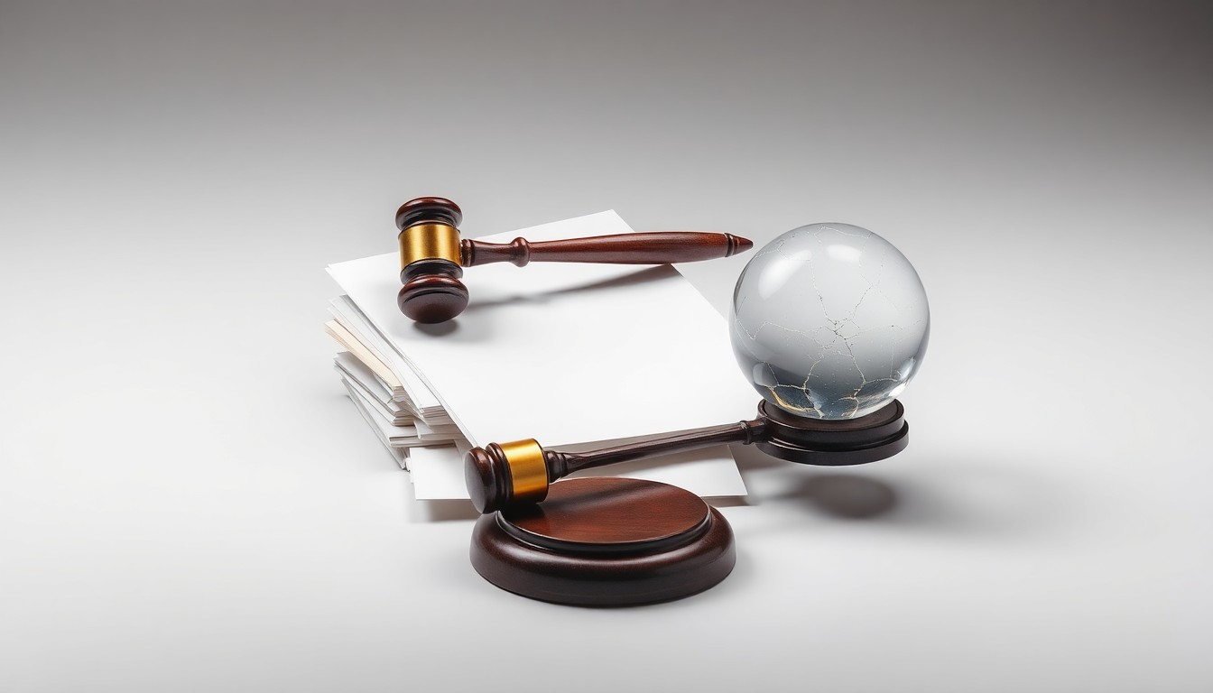 A photorealistic studio still life featuring a stack of legal documents, a broken gavel, and a cracked crystal ball, symbolizing the legal and financial uncertainty surrounding Gemini Space Station's corporate restructuring.