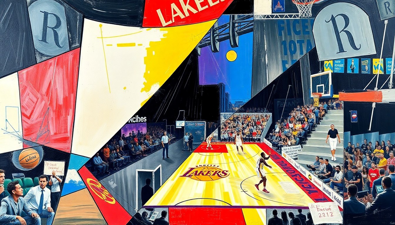 A cubist, geometric painting depicting a fragmented basketball game, with sharp, overlapping shapes and planes representing the action on the court.