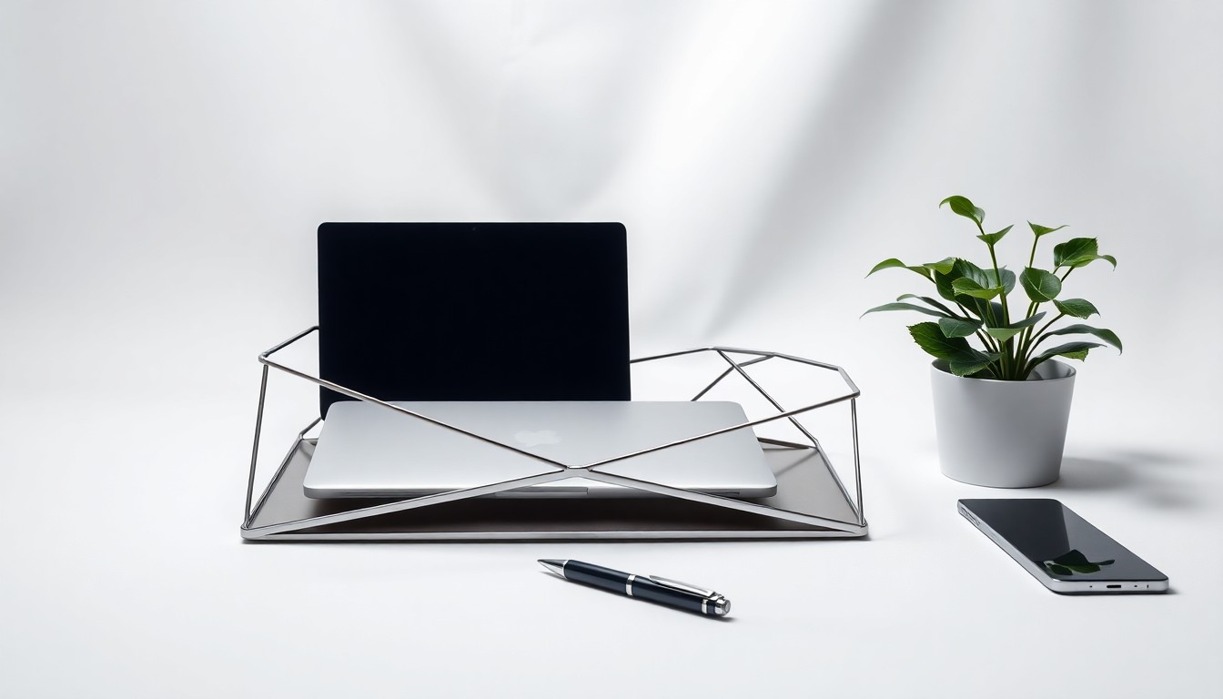 A photorealistic studio still life featuring a polished, geometric desk organizer, a sleek laptop, a modern pen, and a small potted plant arranged elegantly on a clean, white background, conceptually representing the professional environment of an ambitious young leader in Dayton.