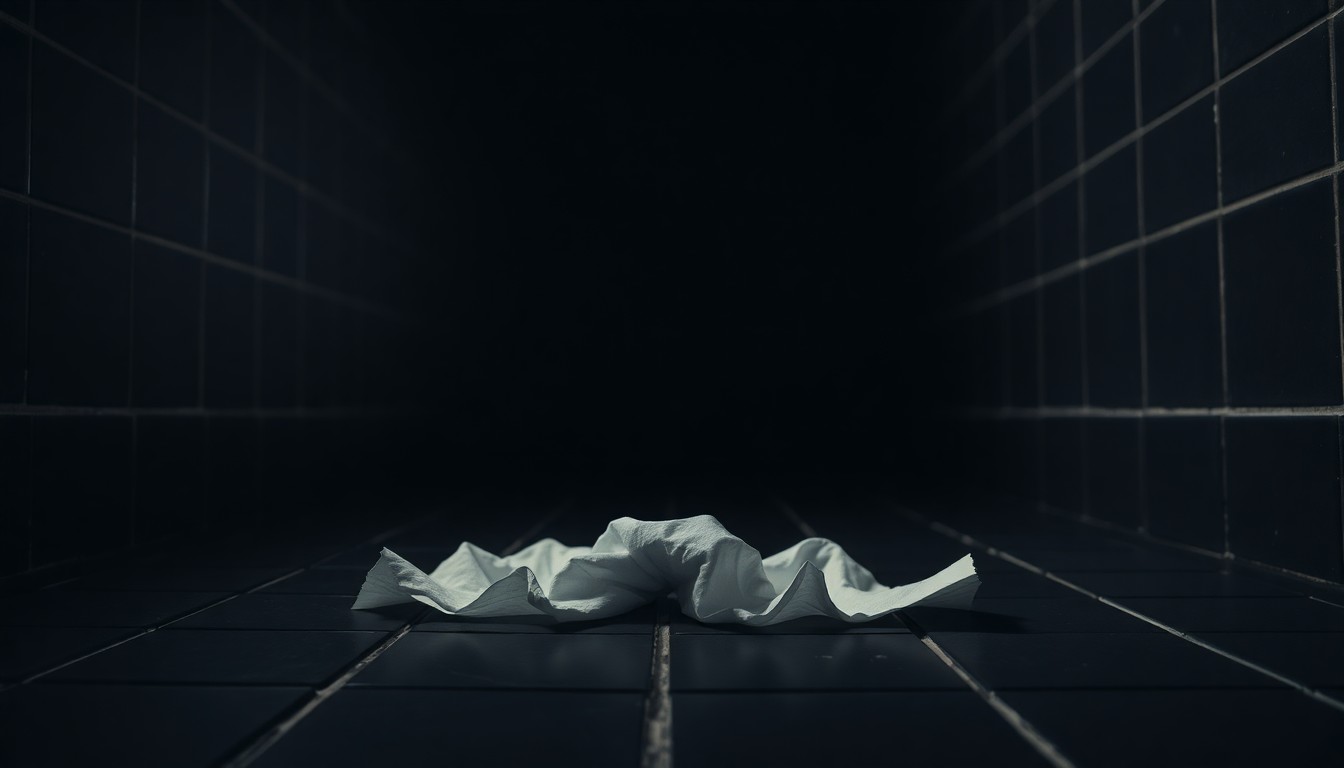 An extreme close-up photograph of a crumpled paper towel on a tiled bathroom floor, lit by a harsh, direct camera flash against a pitch-black background, conceptually illustrating the unsettling nature of a reported sexual assault in a public restroom.