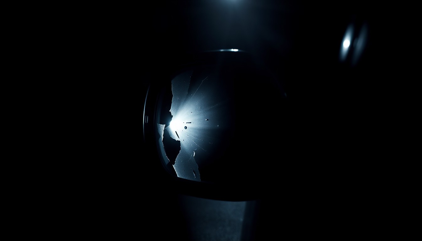 An extreme close-up photograph of a car's damaged side mirror, capturing the texture and material details in dramatic lighting to conceptually illustrate the aftermath of a pursuit.
