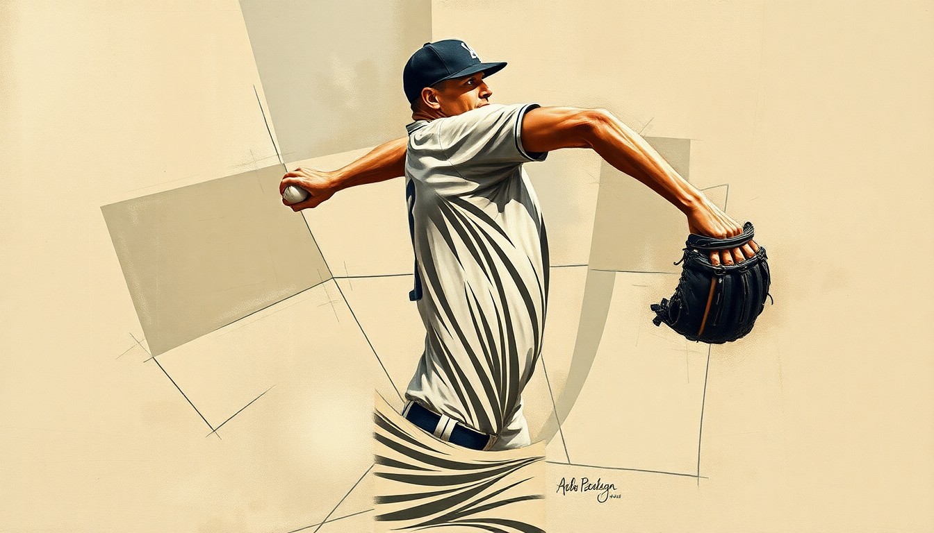 A fractured, geometric painting depicting a baseball pitcher's windup and delivery in overlapping planes of muted earth tones, conveying the dynamic motion and energy of the sport.