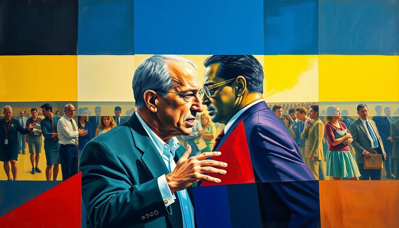 A fragmented, geometric painting depicting the confrontation between a college football coach and his former executive assistant, with sharp, overlapping planes of color and form representing the complex emotions and power dynamics at play.