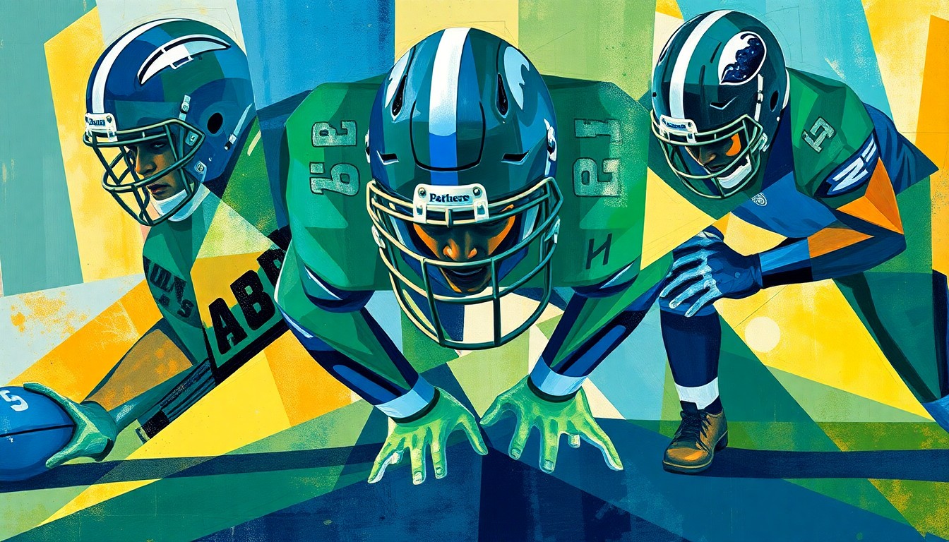 A fragmented, geometric painting depicting a football defensive line, with the player shapes broken into sharp, overlapping planes of blue, green, and gold, conveying the complex negotiations around the future of Giants star Dexter Lawrence.