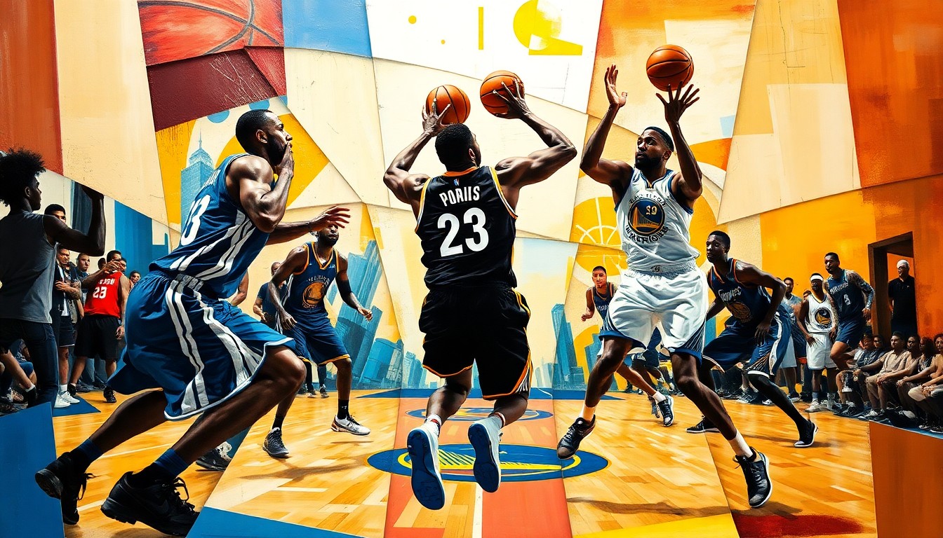 A fragmented, cubist-style painting depicting the silhouettes of two basketball players in motion, their forms broken down into sharp, overlapping geometric shapes and planes, conveying the intensity and energy of a high-stakes playoff matchup.