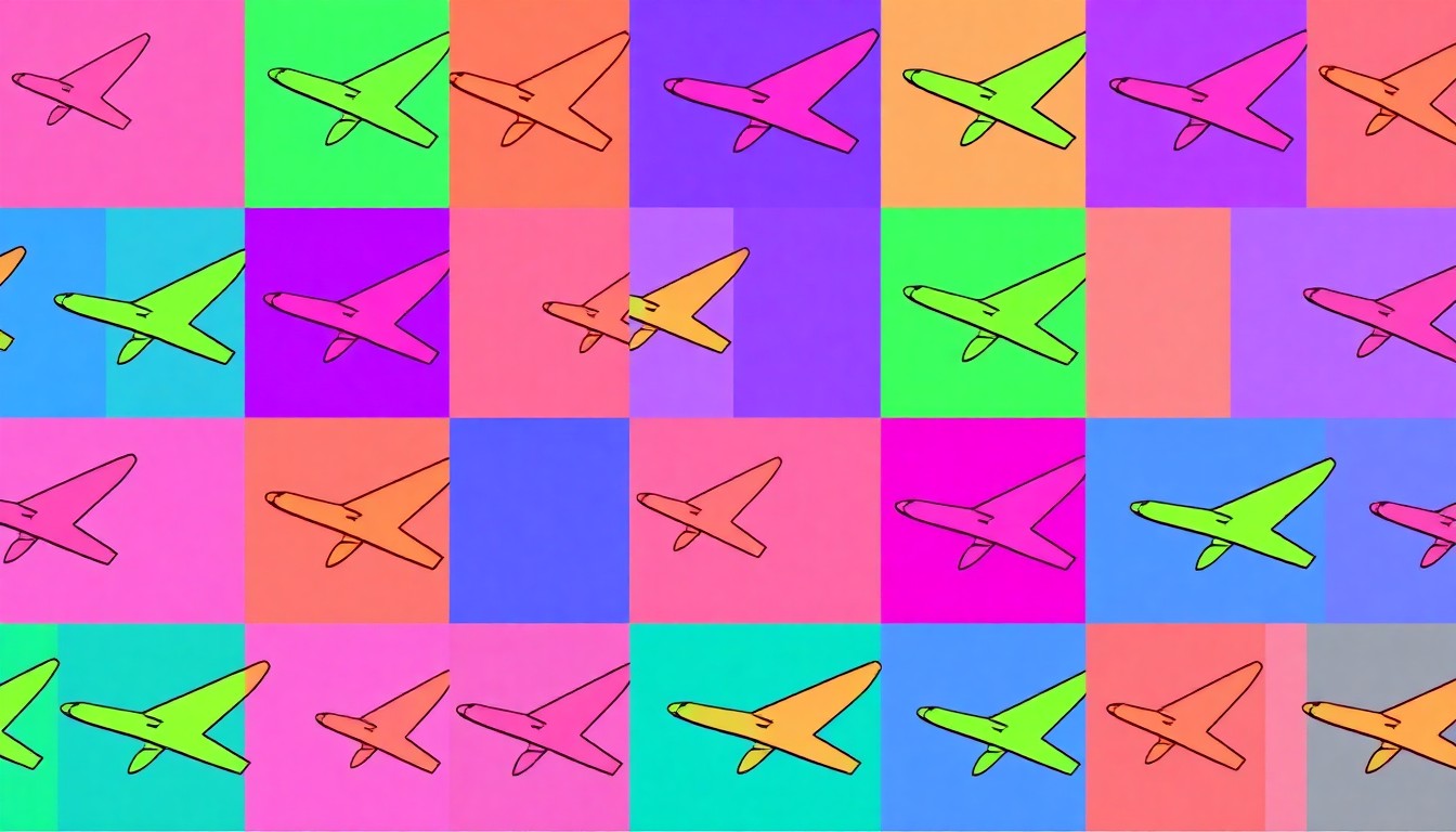 A bold, colorful silkscreen illustration featuring a repeated pattern of an iconic aviation object, such as an airplane or pilot's hat, in a vibrant neon color palette with heavy black outlines, capturing the energy and excitement of CSU's hands-on Aeronautics program.