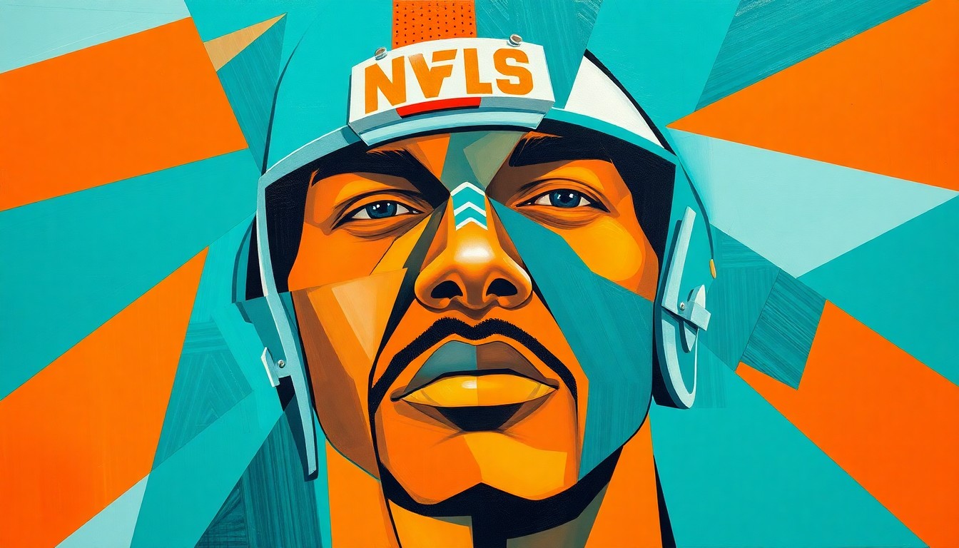 A fractured, cubist-style painting depicting the Miami Dolphins' 2026 NFL Draft selection of offensive tackle Francis Mauigoa, with sharp geometric shapes and planes in the team's signature aqua, orange, and white colors.