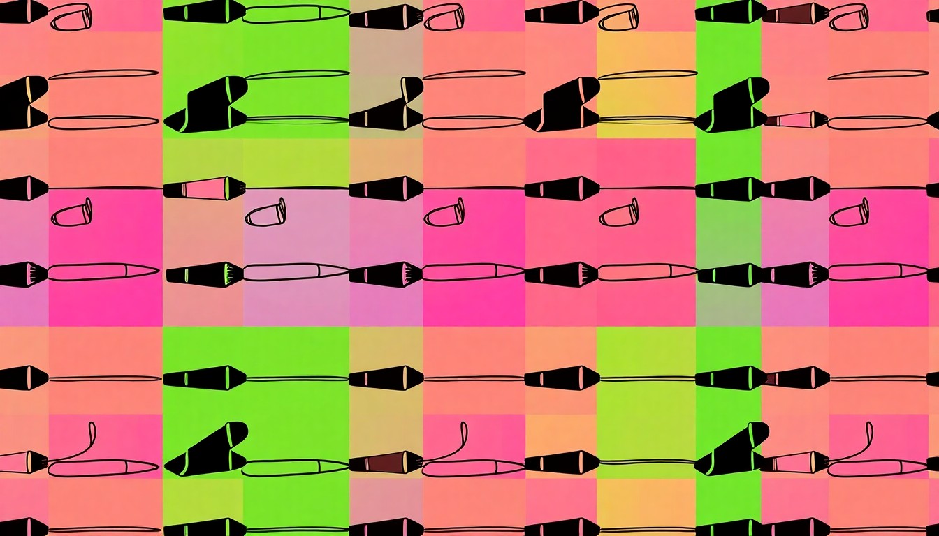 A high-contrast, silkscreen-style illustration of an abstract paintbrush shape repeated in a grid pattern, using a bold, neon color palette to conceptually represent the energy and artistry of a community arts festival.