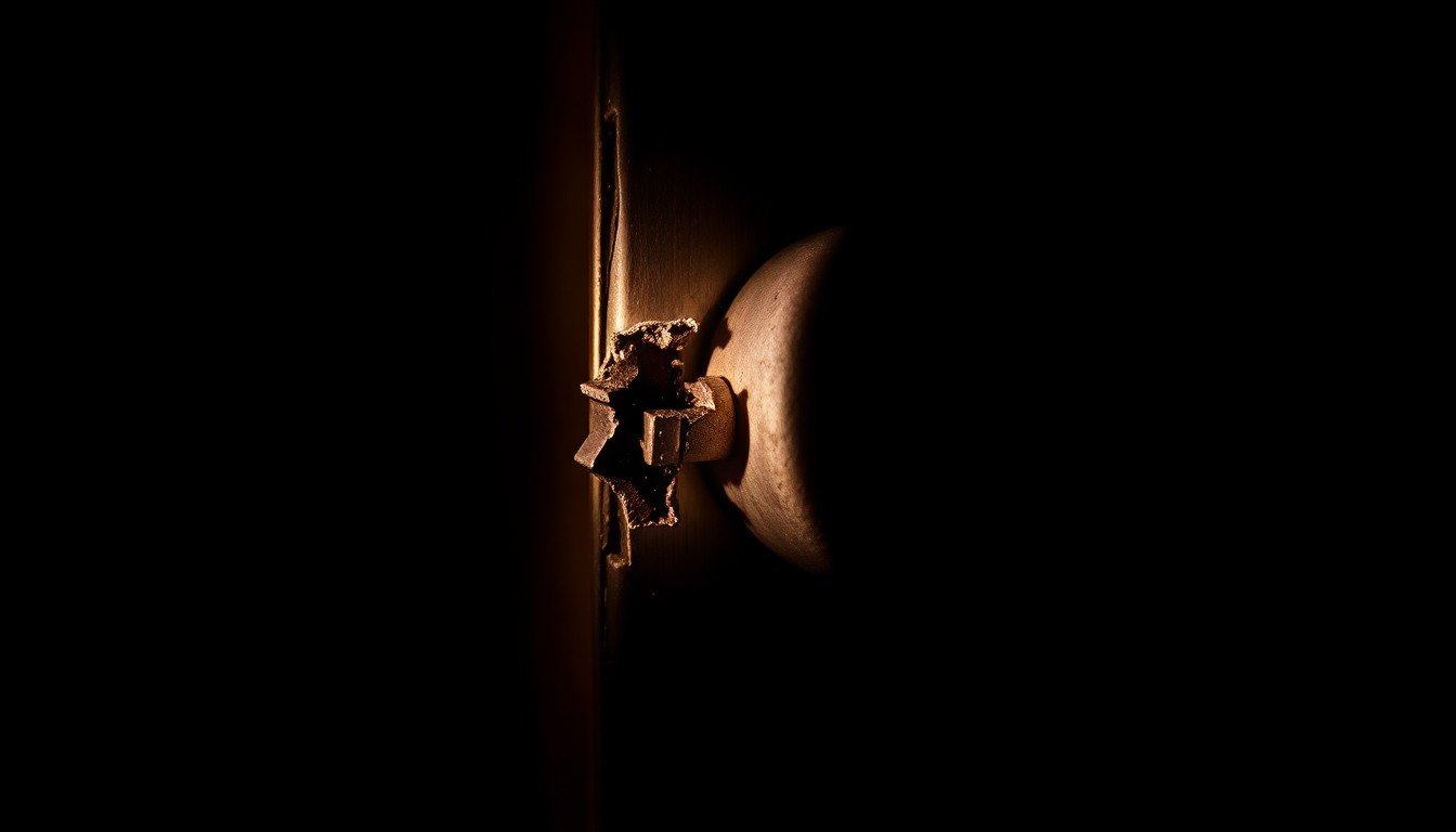 An extreme close-up photograph of a broken lock or damaged doorknob, reflecting the harsh, sudden nature of a home invasion incident.